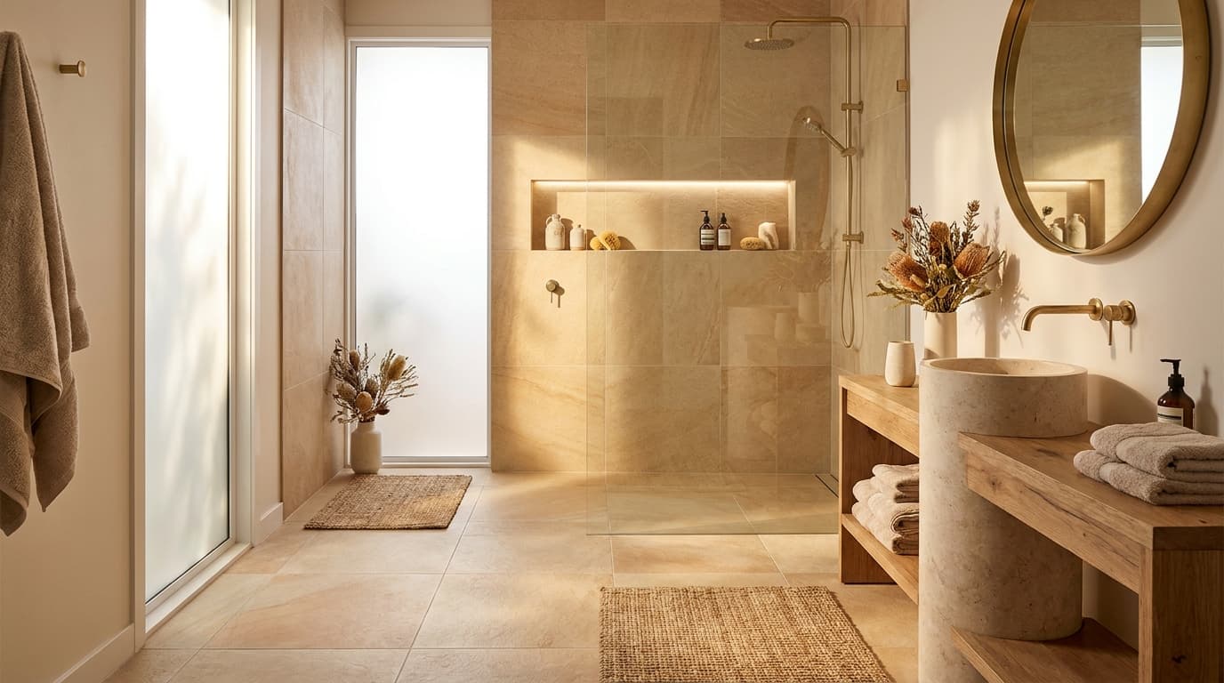 A modern Adelaide bathroom with warm sandstone-toned tiles, a walk-in shower and brushed brass tapware