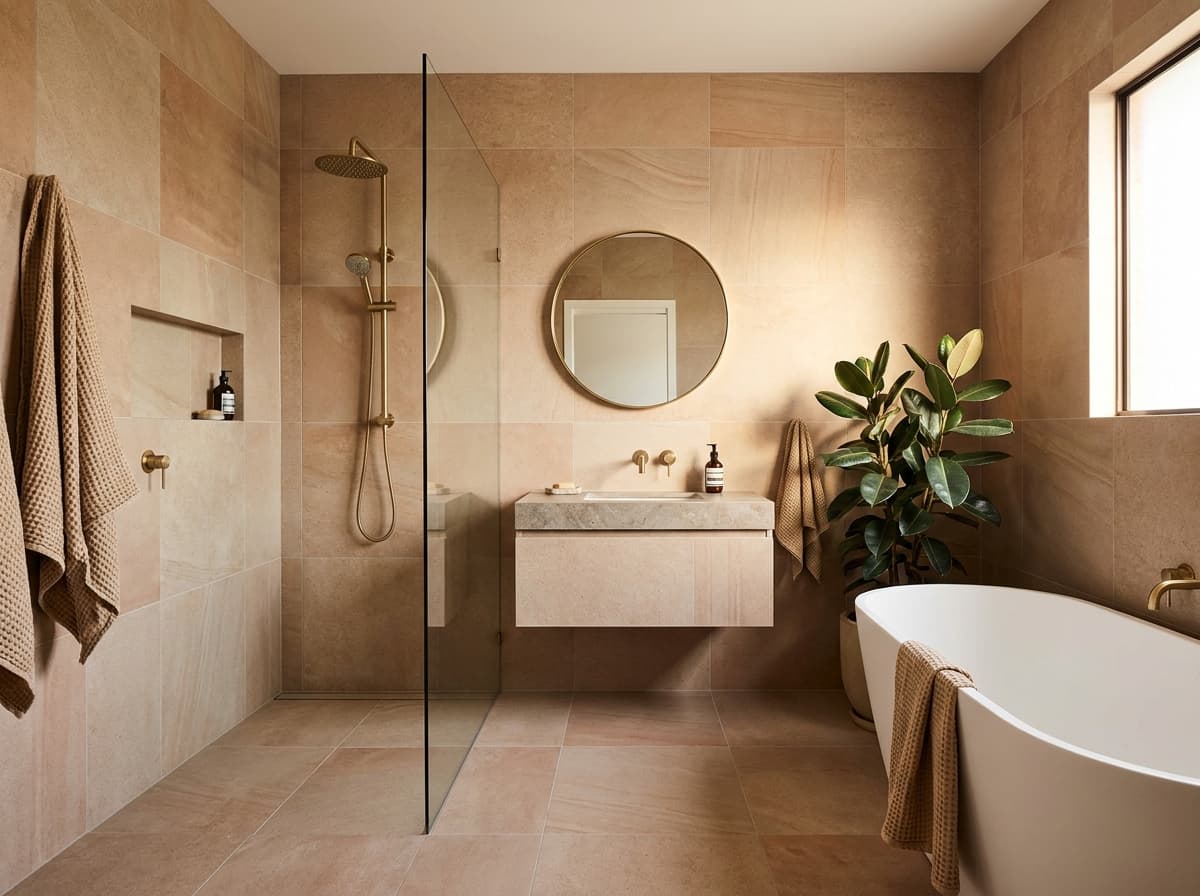 A fully tiled modern bathroom with a walk-in shower in warm sandstone tones