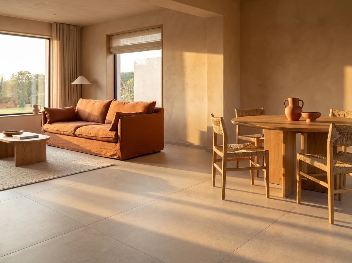 Large-format stone-look floor tiles in a warm, open-plan Adelaide living area