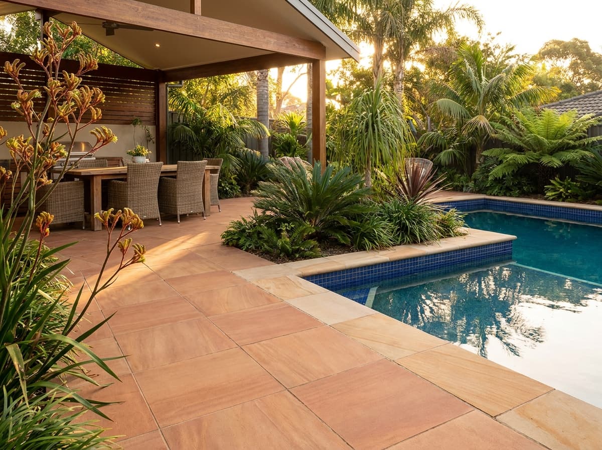 Outdoor porcelain paving and a tiled pool surround in a leafy Adelaide backyard