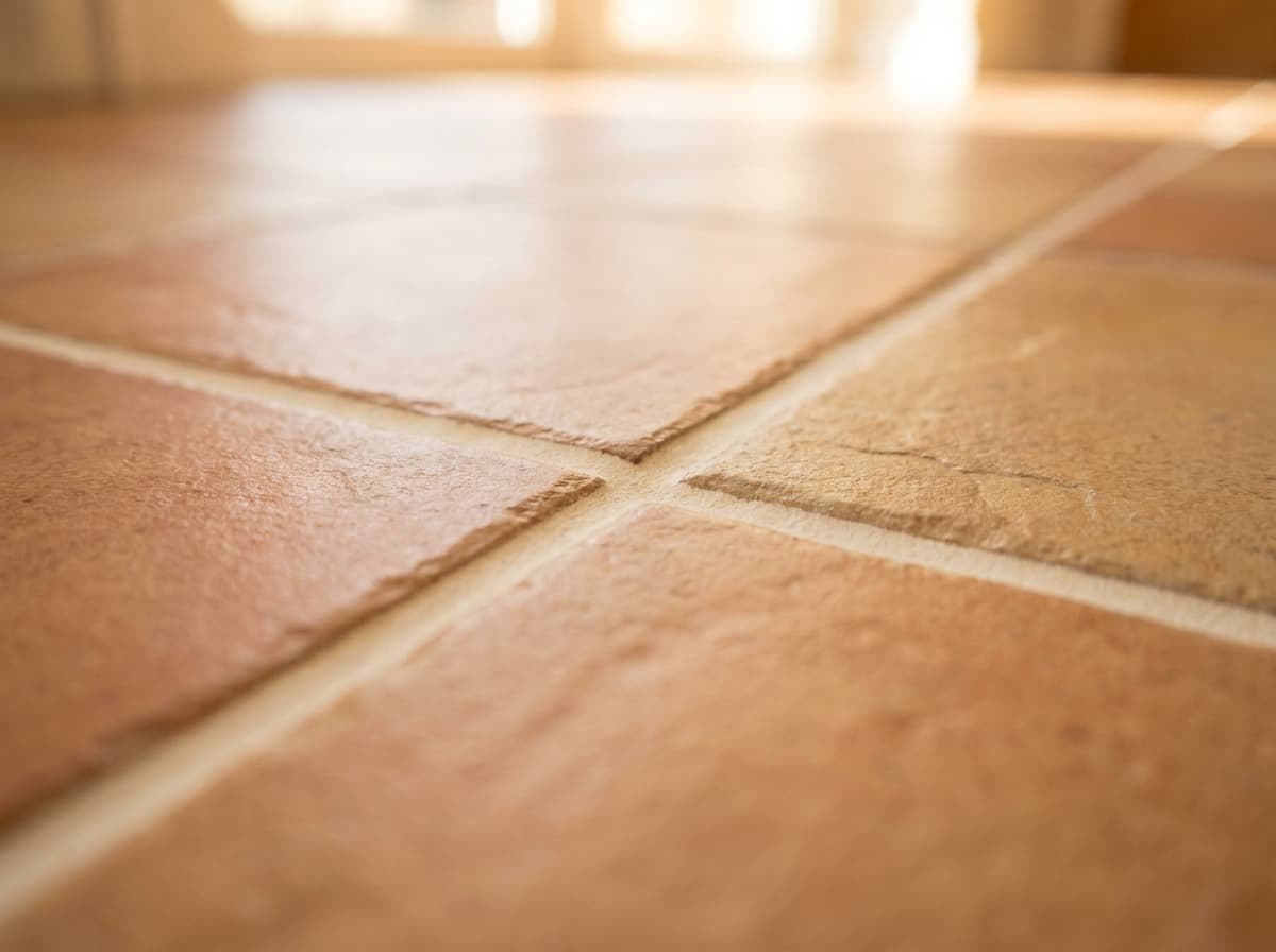 Close-up of clean, fresh grout lines between warm-toned floor tiles