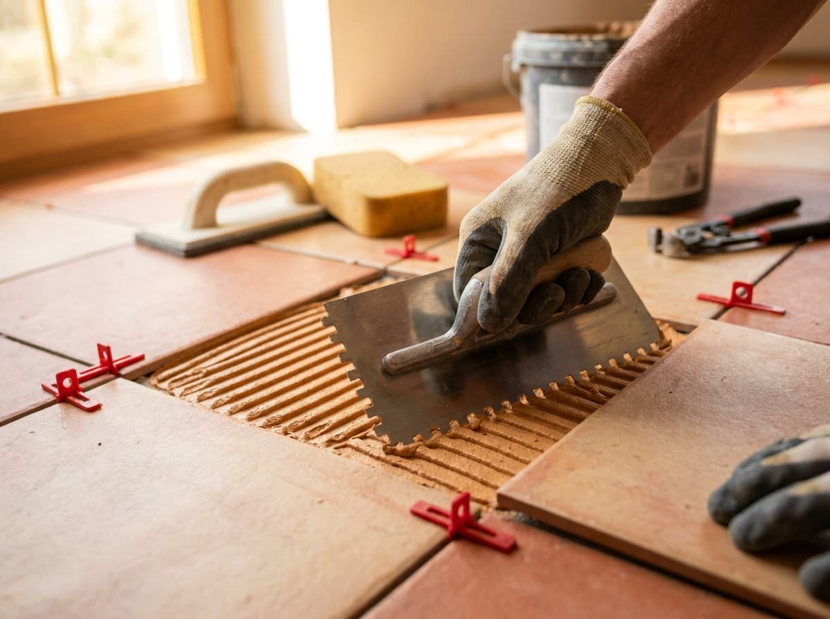 A tiler spreading adhesive with a notched trowel to set a floor tile