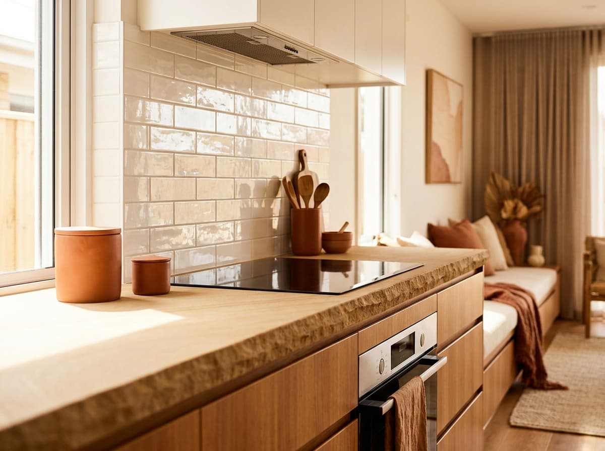 A subway-tile kitchen splashback behind a cooktop with timber cabinetry