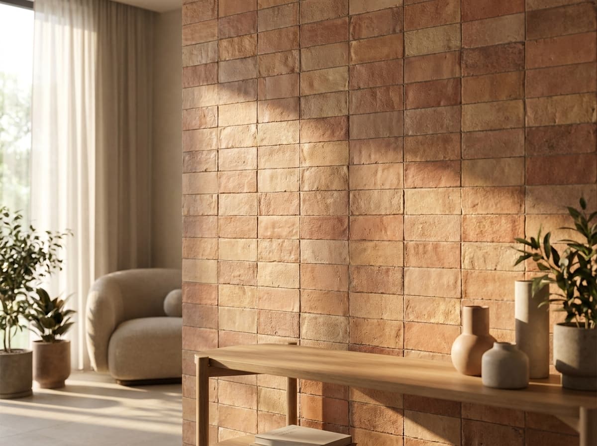 A warm terracotta feature tiled wall in a contemporary living space