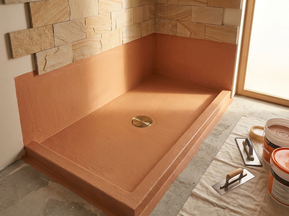 A shower base coated with waterproofing membrane before tiling begins